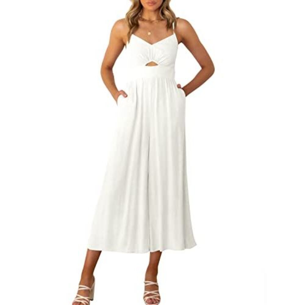 ANRABESS Women's Summer Spaghetti Straps V Neck Cutout Smocked High Waist Wide